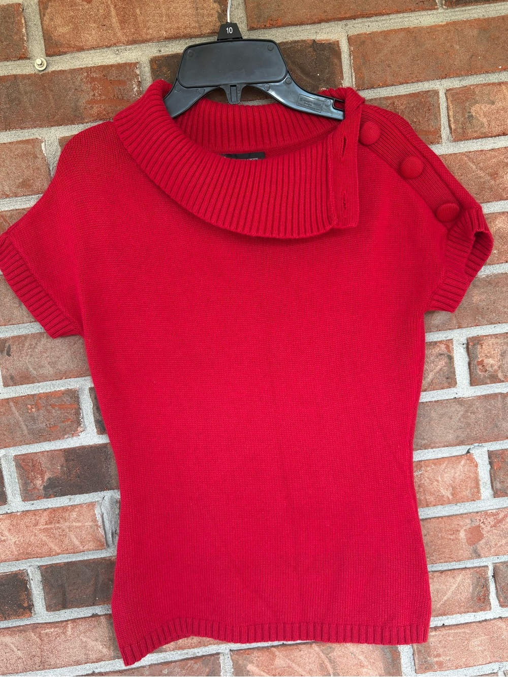 INC Red Short-Sleeve Knit Sweater with Buttoned Shoulder Silk, Rabbit Hair-soft!